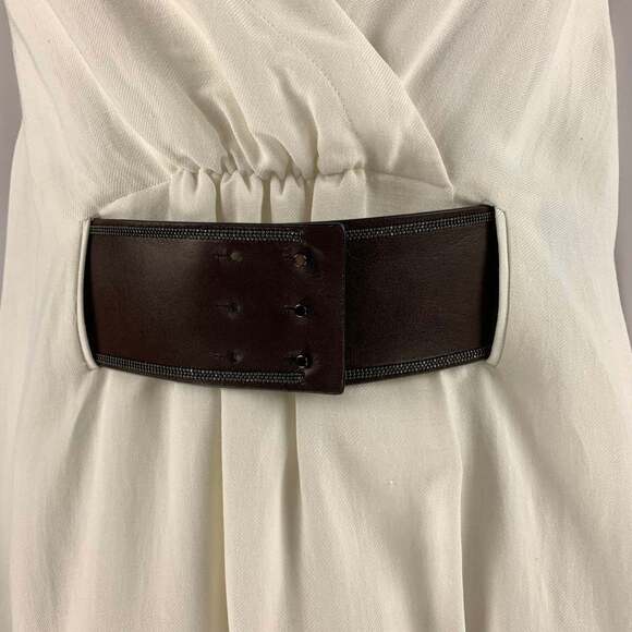 BRUNELLO CUCINELLI White Brown Viscose Linen Belted Dress - Picture 2 of 7